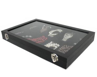 Schmuckkasten Schmucklade Schaukasten Schmuckdisplay mit Glasdeckel mit 10 Fächern schwarz